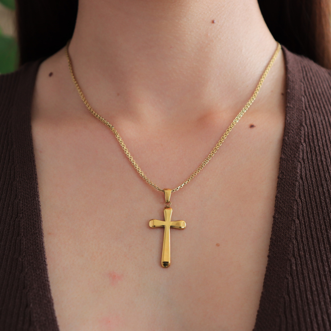 💖Cadena tejido chino + Cruz en Oro laminado 18K