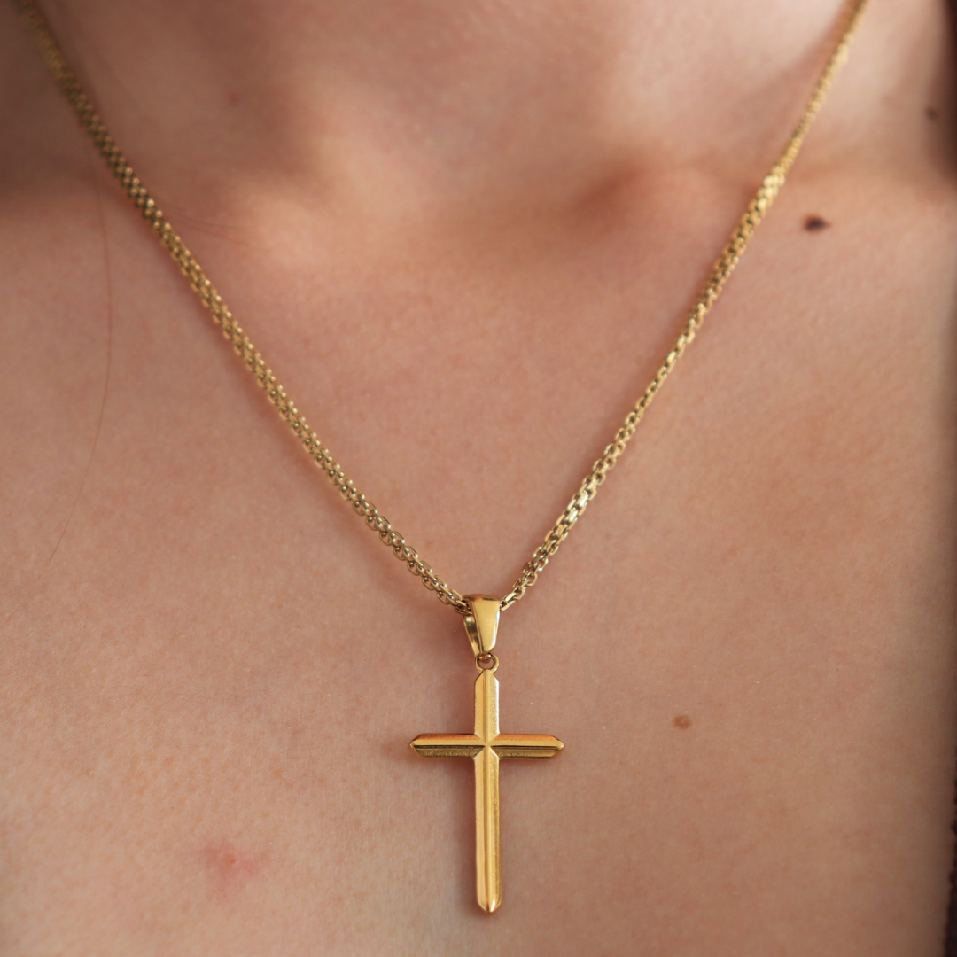 💖Cadena tejido chino + Cruz en Oro laminado 18K