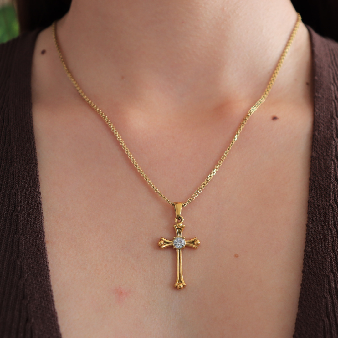 💖Cadena tejido chino + Cruz en Oro laminado 18K