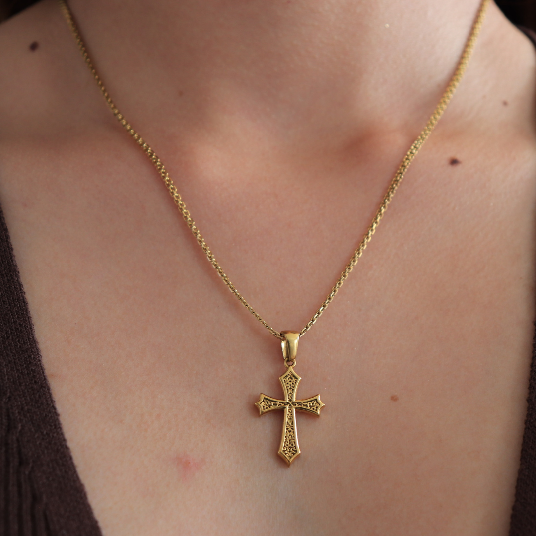 💖Cadena tejido chino + Cruz en Oro laminado 18K