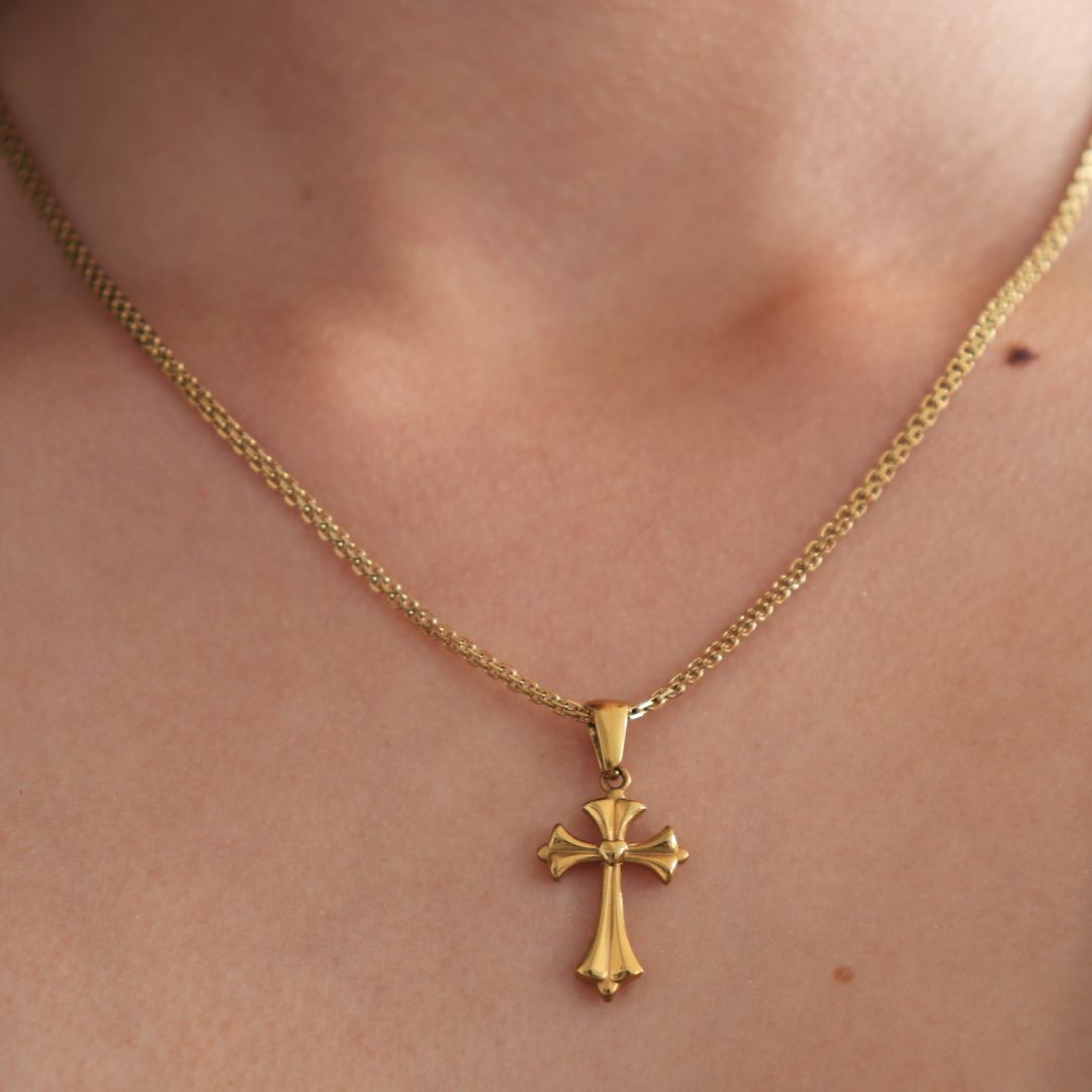 💖Cadena tejido chino + Cruz en Oro laminado 18K